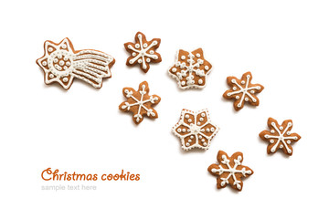 Christmas cookies in the shape of snowflakes handmade. Basic for your decoration on the white background