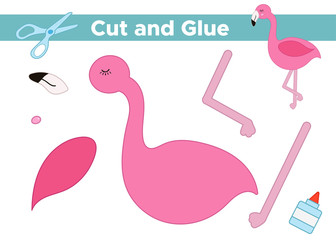 Education paper game for preschool kids. Create the applique cute flamingo. Cut and glue. Tropical birds. Vector illustration.