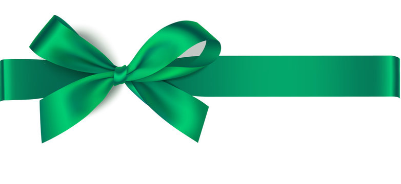 Vector green bow with horizontal ribbon isolated on white. Decorative bow for your design. Christmas decoration