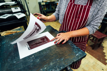 linocut. manual printing on the machine - obrazy, fototapety, plakaty