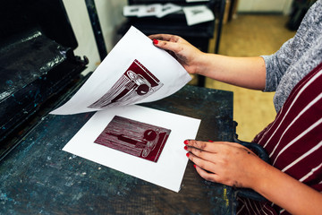 linocut. manual printing on the machine