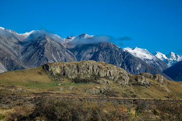 Mount Sunday landscape, scenic view of Mount Sunday and surroundings in Ashburton Lakes District,...