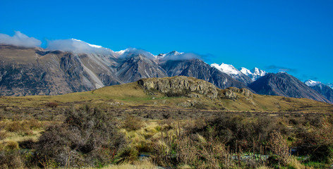 Naklejka na ściany i meble Mount Sunday landscape, scenic view of Mount Sunday and surroundings in Ashburton Lakes District, South Island, New Zealand