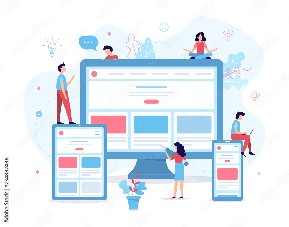 Poster the development team creates a website with a responsive design. business concept. flat vector illus
