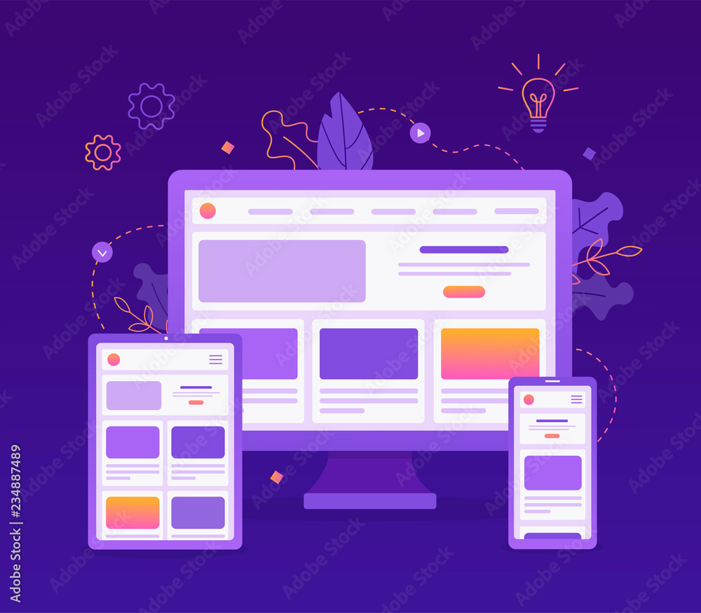 Poster Responsive web design. Landing page is open on different devices: computer, tablet and smartphone. Flat vector illustration.