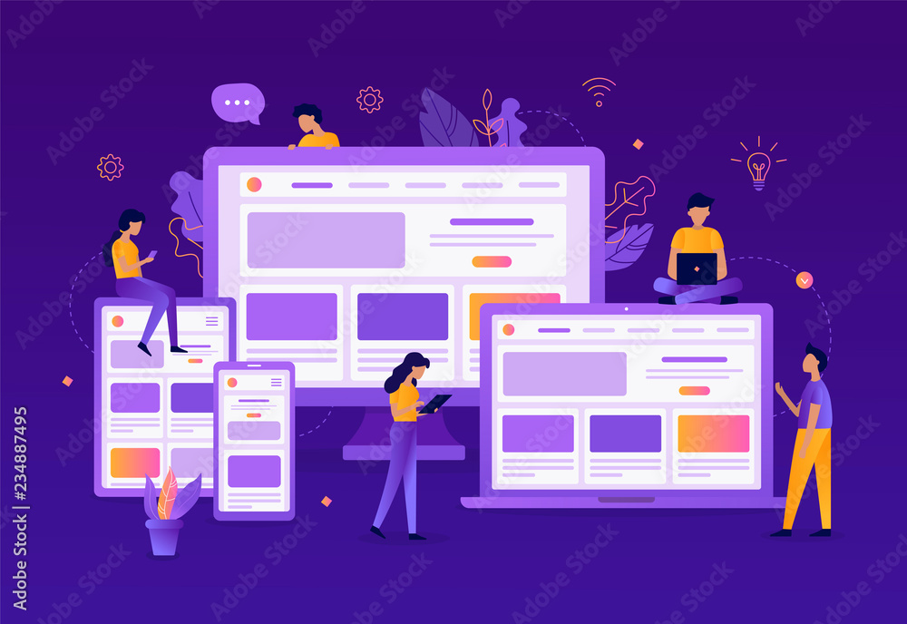 Fototapete The development team build a website with a responsive design for different devices. Flat vector illustration. Business concept. 