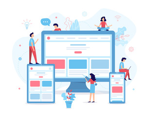 The development team creates a website with a responsive design. Business concept. Flat vector illustration.