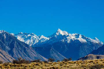 Mount Sunday landscape, scenic view of Mount Sunday and surroundings in Ashburton Lakes District, South Island, New Zealand