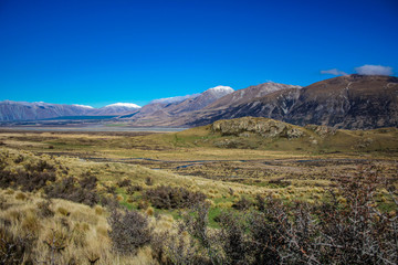 Mount Sunday landscape, scenic view of Mount Sunday and surroundings in Ashburton Lakes District, South Island, New Zealand
