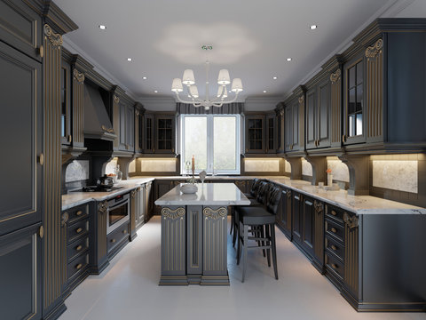 Modern English Classic Style Kitchen Interior Design With Dark Furniture, Bleak Facades And Marble Countertop.