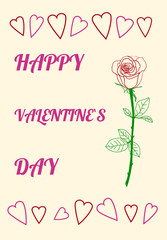 Postcard Happy Valentine`s day. Hand drawn rose and hearts on yellow background. Stock vector illustration.