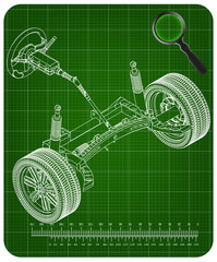 3d model of steering column and car suspension on green