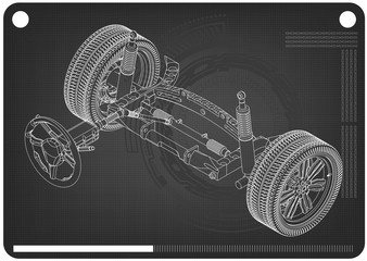 3d model of steering column and car suspension on black