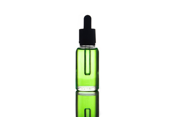 blank mock up advertising of the green e-liquid, e-juice in the bottle isolated on the white background with copy space (flacon with pipette).