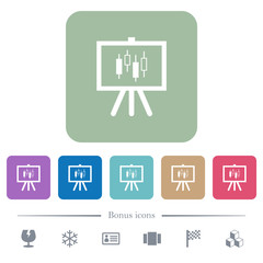 Presentation table with candlestick chart flat icons on color rounded square backgrounds