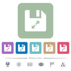 Uncompress file flat icons on color rounded square backgrounds
