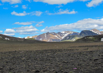 Landscape of Maelifellsandur volcanic black sand desert with Tindafjallajokull glacier and blue sky, summer in Highlands of Iceland