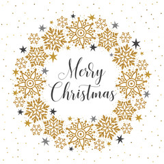 Merry Christmas greeting card. Vector illustration with golden glitter snowflakes wreath, isolated on white background.