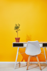 Plant in flowerpot on wooden table near bright yellow wall