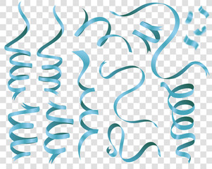 Curly and glossy ribbon isolated over the background, set collection of three different foreshortening