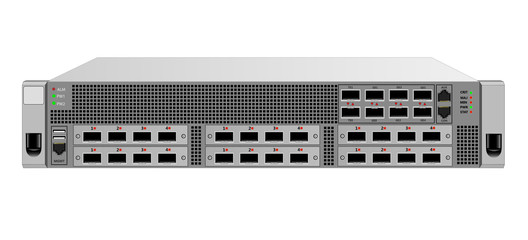 IP traffic router for installation in a 19 inch rack, 2 units. Six optional add-on modules with optical SFP modules. Designed for carrier-class networks. Vector illustration.