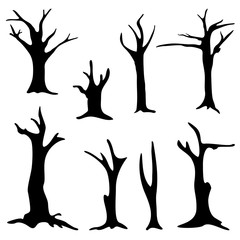 Dead trees isolated on white background. Silhouette dead tree without leaves.