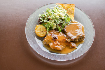 Grilled steak beef, pork and vegetable with swet sauce