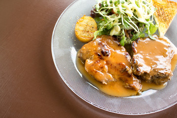 Grilled steak beef, pork and vegetable with swet sauce