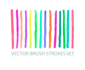 Vector brush strokes set. Vertical painted stripes. Markers and watercolor design elements collection. Isolated. Irregular shapes and lines. EPS 10.