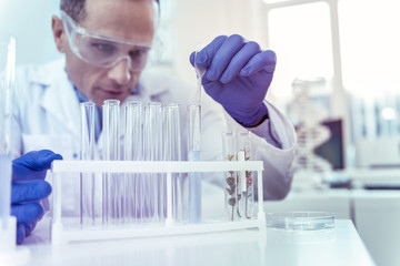 Close up of serious scientist that examining reagent