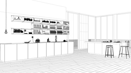 Interior design project, black and white ink sketch, architecture blueprint showing white kitchen with cabinets, shelves and island, open space, contemporary architecture
