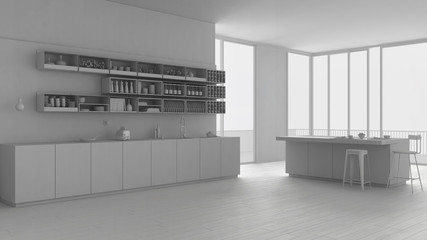 Total white project of modern contemporary minimalist white kitchen with cabinets, shelves and island, open space with panoramic window, minimalistic interior design