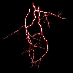 Isolated realistic electrical lightning strike visual effect on black night background. Energy change. 