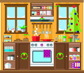 Christmas kitchen interior, cooking delicious food to celebrate Christmas and new year. Winter holidays, vector illustration.