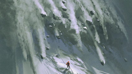 scene of the climber man and  snow rocks falling rapidly down a mountainside, digital art style, illustration painting