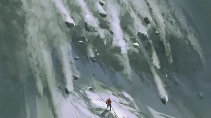 Tuinposter scène van de klimmerman en sneeuwrotsen die snel van een berghelling vallen, digitale kunststijl, illustratie, schilderkunst © grandfailure