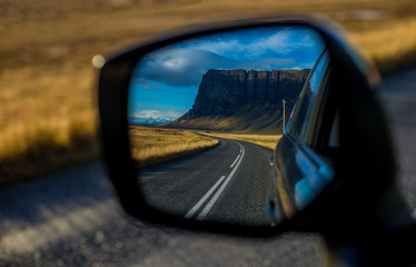 Lómagnúpur in Iceland in rear view mirror