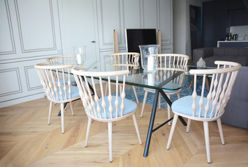 Glass table interior design in living room. Glass table design for dining room.