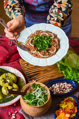 Lobio - traditional Georgian dish with red beans, cilantro, ajika spice served with pickles vegetables. Vegan vegetarian healthy food