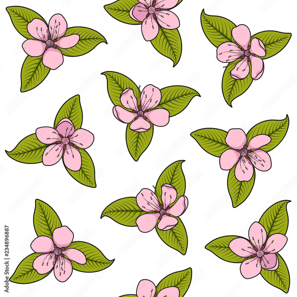 Poster seamless pattern with pink spring flowers. color vector illustration with isolated objects on a whit