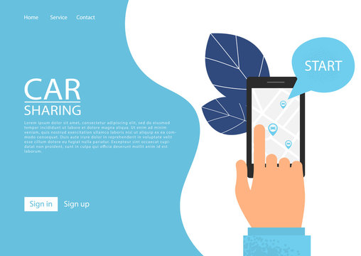 Car sharing service concept. Car sharing renting car mobile app. Hand holding smartphone with share app illustration.