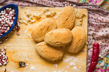 Mchadi with lobio - traditional Georgian corn bread with red beans inside. Lobiani pie. Vegetarian healthy food