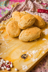 Mchadi with lobio - traditional Georgian corn bread with red beans inside. Lobiani pie. Vegetarian healthy food