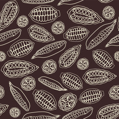 Cacao pods seamless repeat pattern background in a retro illustration style.
