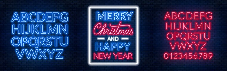 Merry Christmas and happy new year. Neon lettering with fonts.