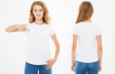 smile woman pointed on white tshirt. Set collage front back views girl in stylish t-shirt,copy space