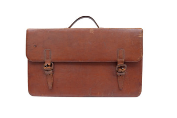Old leather brown shabby briefcase on a white background. Isolated.