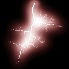 Isolated realistic electrical lightning strike visual effect on black night background. Energy change. 