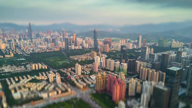 shenzhen cityscape sunset sky downtown aerial panorama 4k tilt shift timelapse china
