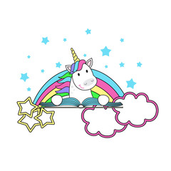 Magic cute unicorn stars and rainbow. Poster greeting card vector illustration with outline.